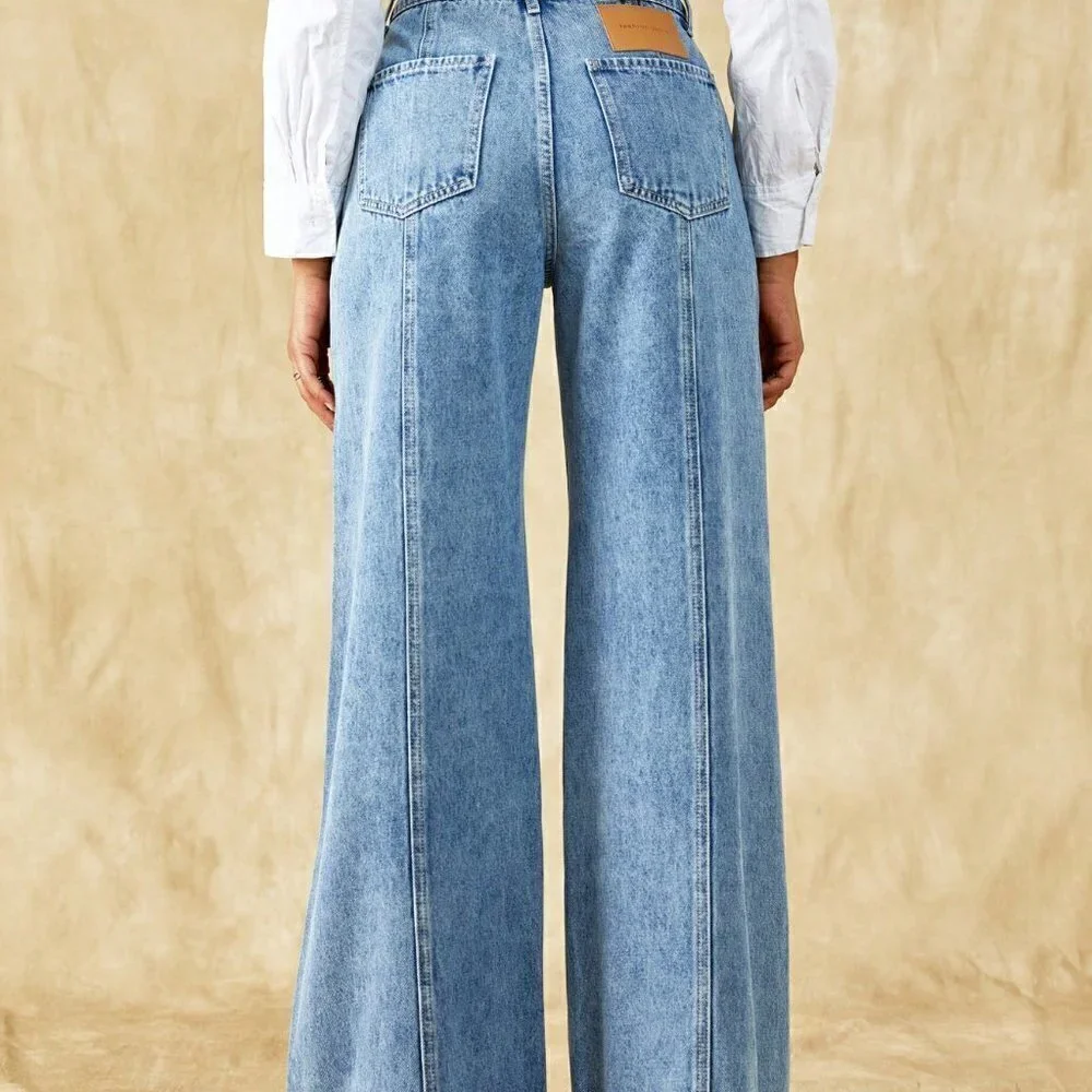 Light Wash Casual Womens Solid Wide Leg Jeans - Picture 4 of 5